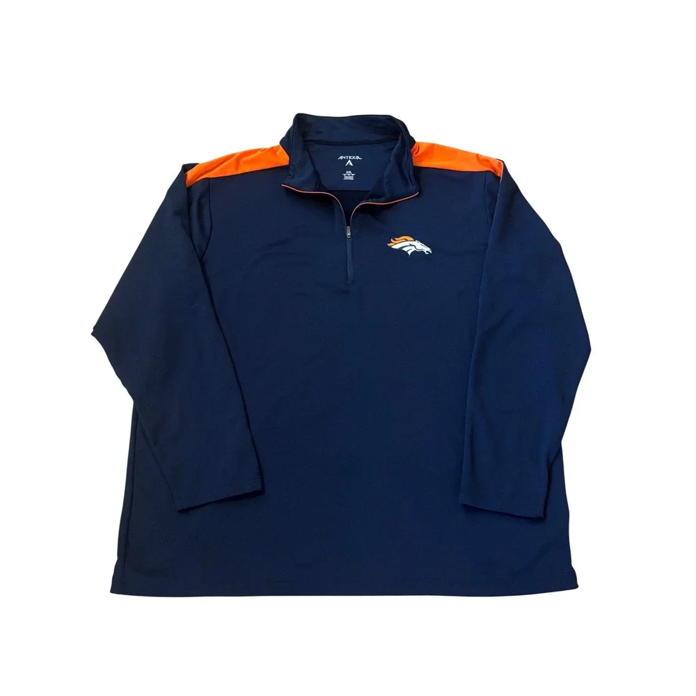 Antigua Denver Broncos Mens XXL Navy Blue Orange Quarter Zip Pullover NFL Jacket
